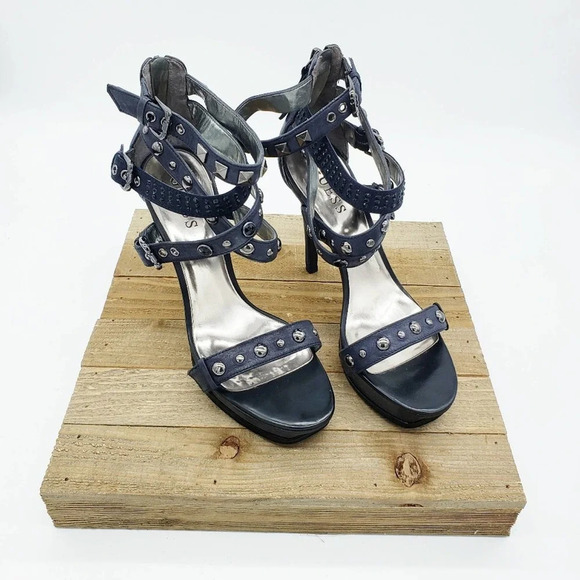 Guess Studded Heels / Navy Blue w/ Triple Ankle Straps / Size 6.5 - Picture 1 of 8